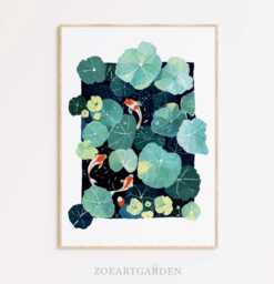 Zen Koi Fish Art Print Lotus Pond Gouache Painting Calm Nature Wall Decor - thumbnail 1