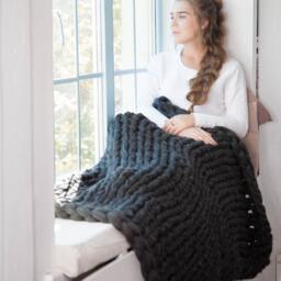 Chunky Knitted Blanket Throw, Giant Afghan Blanket, Wool Blanket, Bulky Knit, Knitting, Lap Blanket. Gift, Dark Grey Melange - thumbnail 2