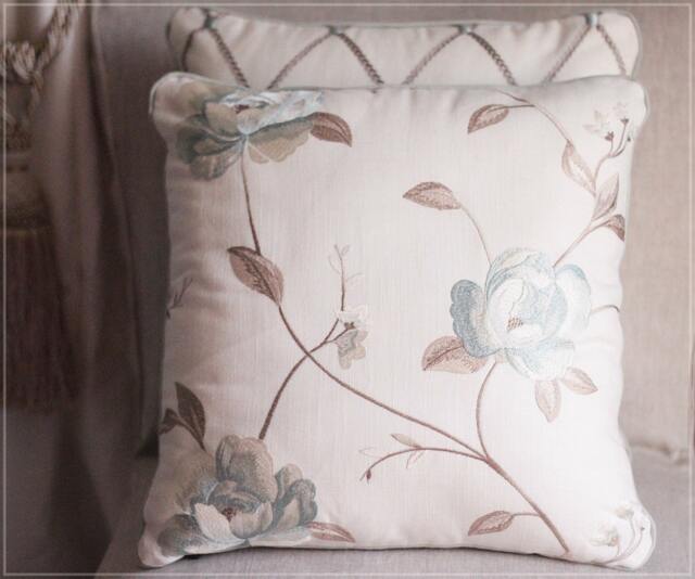 Embroidered Floral Linen Pillow Cover - Taupe & Aquamarine - image 1