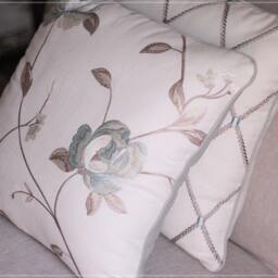 Embroidered Floral Linen Pillow Cover - Taupe & Aquamarine - thumbnail 4