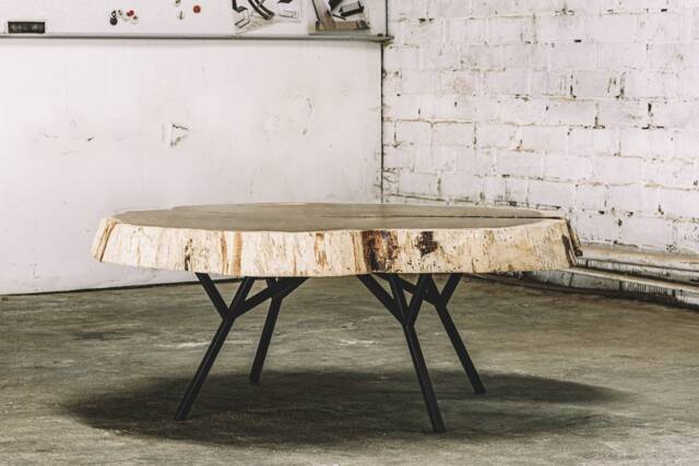 Industrial Oak Coffee Table Black Metal Base, Round Tabletop - image 1