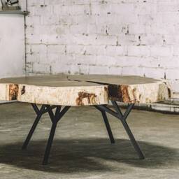Industrial Oak Coffee Table Black Metal Base, Round Tabletop - thumbnail 2