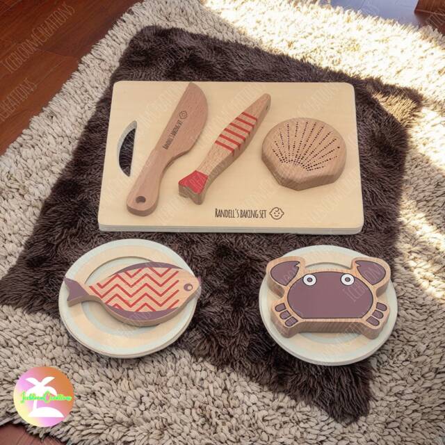 Custom Wooden Children's Kitchen Seafood Dishes Set, Child Cutting Board Wooden, Kids Cooking Montessori Tools , Baby Toys Gifts - image 1
