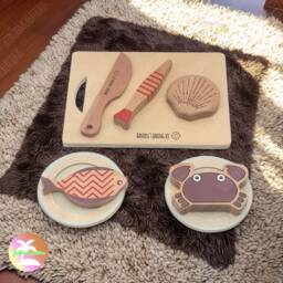 Custom Wooden Children's Kitchen Seafood Dishes Set, Child Cutting Board Wooden, Kids Cooking Montessori Tools , Baby Toys Gifts - thumbnail 1