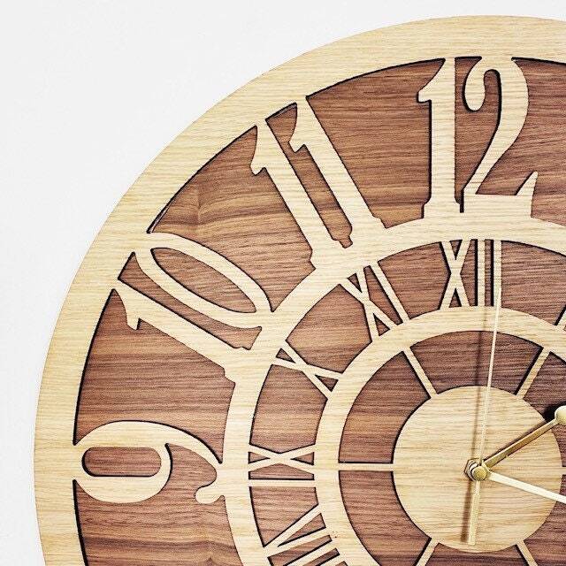 Handmade Wooden Silent Big Numbers Wall Clock Up To 90cm in Layered Oak & Walnut - Silver Or Gold Hands - image 1