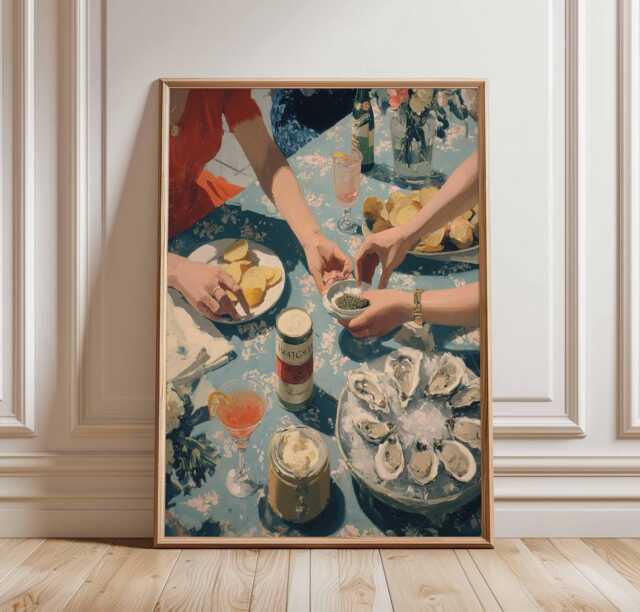 Oysters & Caviar Poster Print, Vintage Dinner Table Wall Art, Elegant Food Drink Illustration, Retro French Kitchen Decor Unframed - image 1