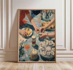 Oysters & Caviar Poster Print, Vintage Dinner Table Wall Art, Elegant Food Drink Illustration, Retro French Kitchen Decor Unframed - thumbnail 1
