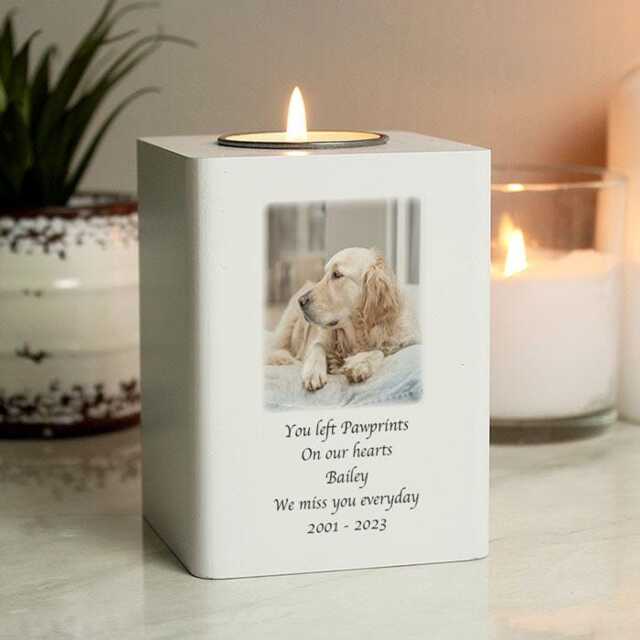 Personalised Dog Memorial Tealight Holder - Wooden Photo Candle Keepsake - Pet Loss Gift