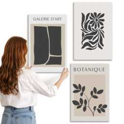 Canvas Wall Art Set Of 3 - Plant Patterns & Geometric Shapes, Beige Print On Canvas, Abstract Decor - thumbnail 2