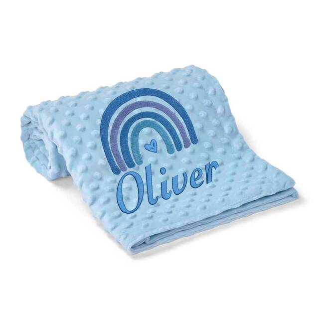 Personalised Baby Rainbow Blanket, Blue Pink Grey Camel, Boy Or Girl, Custom Embroidered - image 1