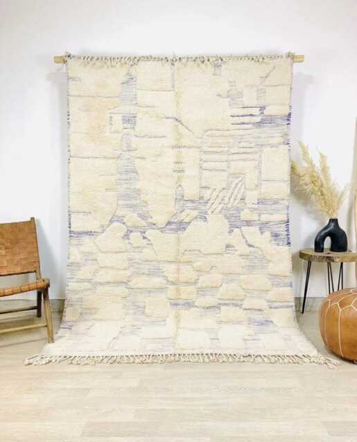 Abstract Blue & Tan Moroccan Rug With Red Geometric Lines - Large 9x12 Area Handmade Berber Shag For Modern Decor - image 1