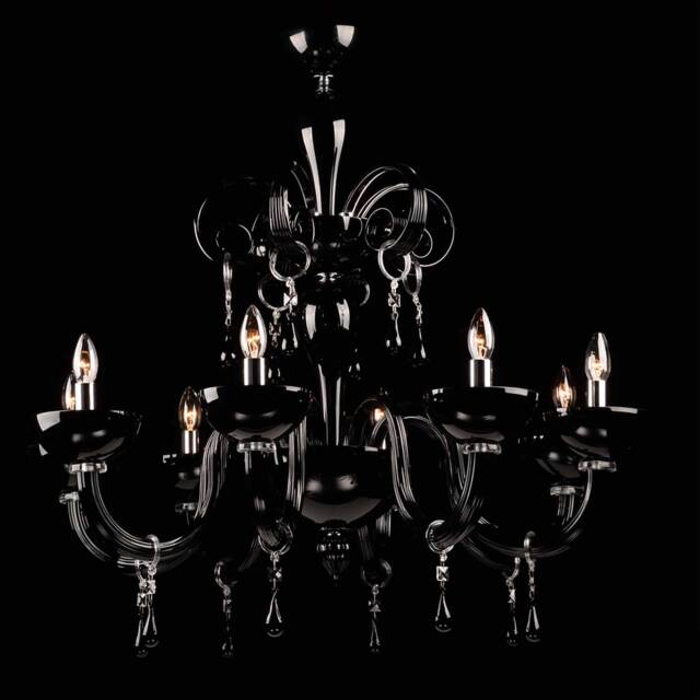 Black Glass Chandelier With Swarovski Crystal Pendants, Gothic Murano Lighting, Large Italian