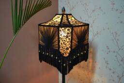 Black & Gold Gothic Lampshade Beaded Fringe, Embroidered Lace - thumbnail 1