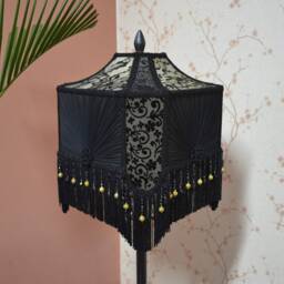 Black & Gold Gothic Lampshade Beaded Fringe, Embroidered Lace - thumbnail 3