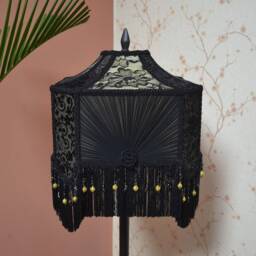 Black & Gold Gothic Lampshade Beaded Fringe, Embroidered Lace - thumbnail 2