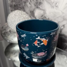 Pond Print Plant Pot With Saucer - Dragonfly, Frog, Koi Fish & Lily Pad Ceramic Flower Pot, Cute Indoor Planter, Nature Lover Gift - thumbnail 2