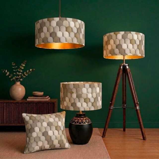 New High Quality Handmade Brown Neutral Eirth Colour Strips Pattern On Velvet Drum Shape Lamp Shade Pendant Light All Size - image 1