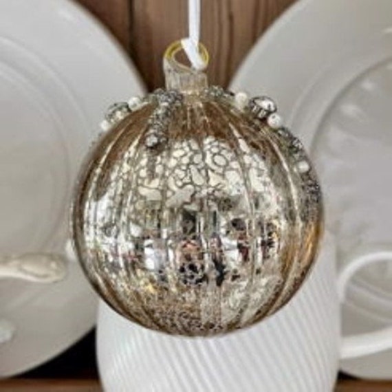 Antique Style Gold Shiny Ridged Glass Bauble Christmas Tree Decoration With Beads - Festive Winter Glitz Glamour Gift Classy Regal Opulent - image 1