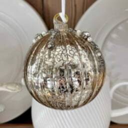 Antique Style Gold Shiny Ridged Glass Bauble Christmas Tree Decoration With Beads - Festive Winter Glitz Glamour Gift Classy Regal Opulent - thumbnail 1