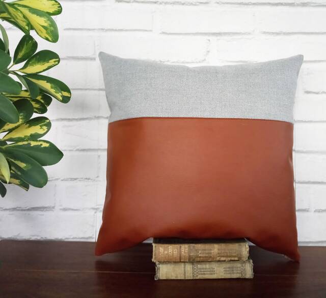 Faux Leather Pillow Cover Taba Brown & Gray-Blue Denim - image 1