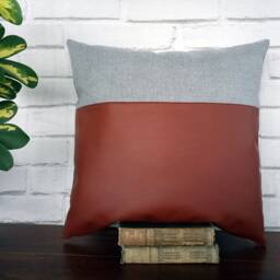 Faux Leather Pillow Cover Taba Brown & Gray-Blue Denim - thumbnail 3