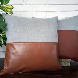 Faux Leather Pillow Cover Taba Brown & Gray-Blue Denim - thumbnail 4
