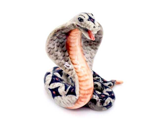 Miniature Ceramic King Cobra Snake Reptile Animal Tiny Grey Orange Black Figurine Statue Decoration Collectible Hand Painted Figure - image 1