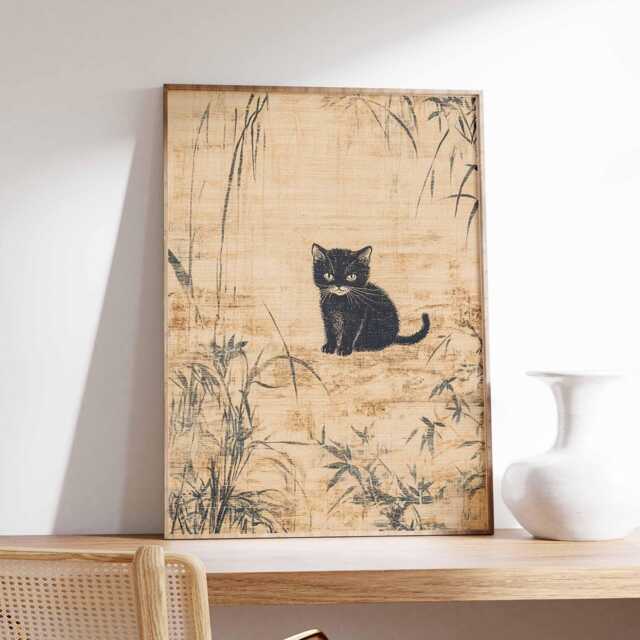 Japanese Cat Art Print, Minimalist Wall With Cherry Blossoms, Zen Poster, Cute Black Illustration Home Decor - image 1