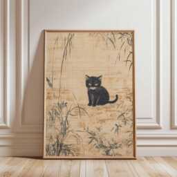 Japanese Cat Art Print, Minimalist Wall With Cherry Blossoms, Zen Poster, Cute Black Illustration Home Decor - thumbnail 2