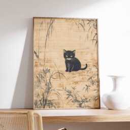 Japanese Cat Art Print, Minimalist Wall With Cherry Blossoms, Zen Poster, Cute Black Illustration Home Decor - thumbnail 1