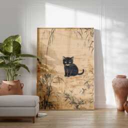 Japanese Cat Art Print, Minimalist Wall With Cherry Blossoms, Zen Poster, Cute Black Illustration Home Decor - thumbnail 3