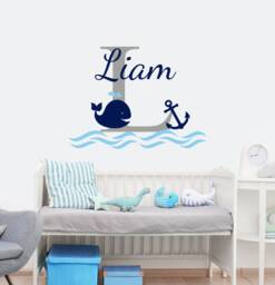 Boys Name Wall Decal/Nursery Baby Boy Room Decor Whale Anchor Nautical Vinyl Sticker Decals - thumbnail 1