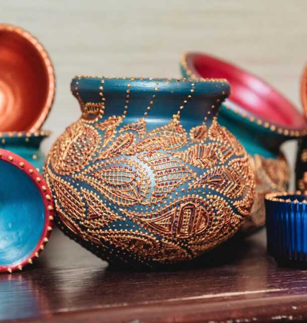 Aruba Ceramic Vase - Large, Blue Peacock, Wedding Decor, Eid Decorations, Diwali Hand Painted, Ceramic, Gold, Copper - image 1