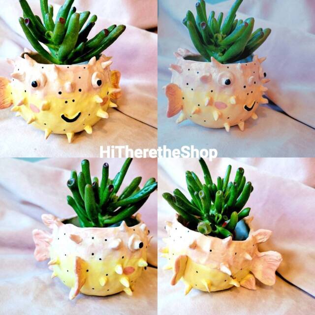 Mr Puffty The Happy Pufferfish Handmade Ceramic Succulent Cactus Pot, Plant Home Garden Decor. Outdoor Planter. Pottery Gifts. Fish - image 1