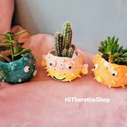 Mr Puffty The Happy Pufferfish Handmade Ceramic Succulent Cactus Pot, Plant Home Garden Decor. Outdoor Planter. Pottery Gifts. Fish - thumbnail 2