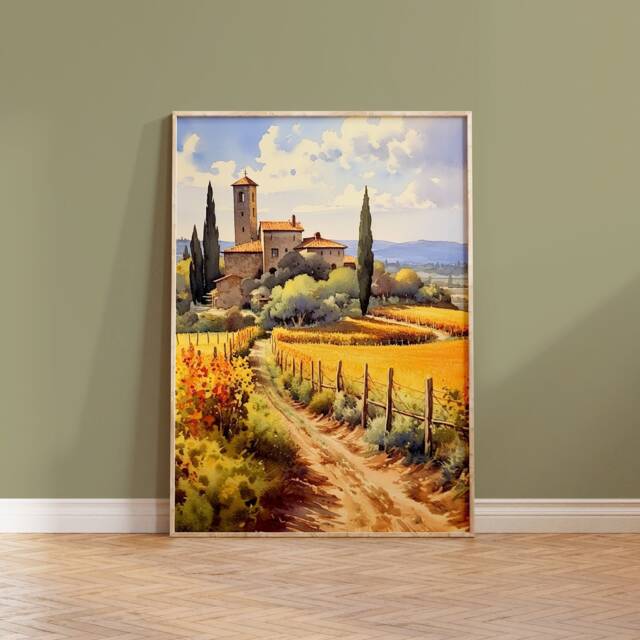 Tuscany Vineyard Watercolor Painting Italian Landscape Art Print - image 1
