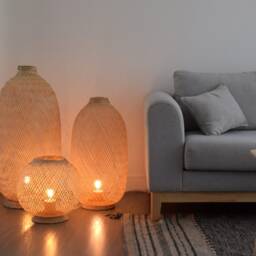 Bamboo Floor Lantern Standing Light - Woven Basket Lamp Boho Rustic Plug-In Rattan Base - thumbnail 2