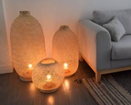 Bamboo Floor Lantern Standing Light - Woven Basket Lamp Boho Rustic Plug-In Rattan Base - thumbnail 1