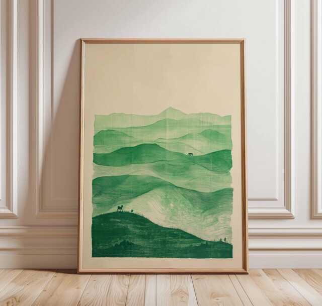 Green Mountain Landscape Art Print, Minimalist Nature Poster, Abstract Scenery, Hills Wall Art, Tranquil Decor - image 1