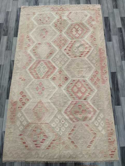 Handwoven Natural Wool Faded Kilim Rug, Artisan Tribal Geometric Flatweave, Turkish Persian Navajo Bohemian Design, 253x147 cm - image 1