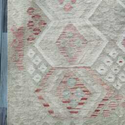 Handwoven Natural Wool Faded Kilim Rug, Artisan Tribal Geometric Flatweave, Turkish Persian Navajo Bohemian Design, 253x147 cm - thumbnail 2