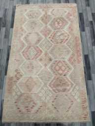 Handwoven Natural Wool Faded Kilim Rug, Artisan Tribal Geometric Flatweave, Turkish Persian Navajo Bohemian Design, 253x147 cm - thumbnail 1
