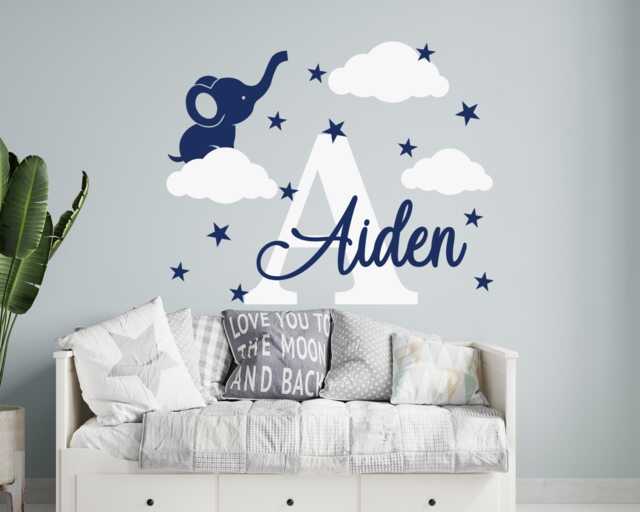 Elephant Name Wall Decal Cloud & Star Kids Room Decor - image 1
