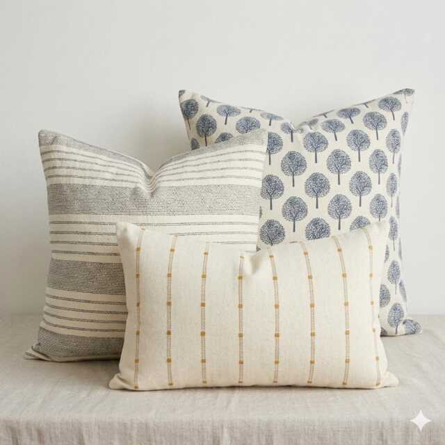 Thai Woven Pillow Cover Set, Block Print, Sashiko, Striped - image 1