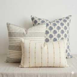 Thai Woven Pillow Cover Set, Block Print, Sashiko, Striped - thumbnail 1
