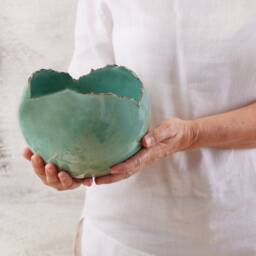 x-Large Handmade Pottery Planter Pot, Ball/Egg Shape Rustic Turquoise Ceramic Planter, Large Flowers Vase, Bohemian Home Decor - thumbnail 2