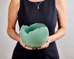 x-Large Handmade Pottery Planter Pot, Ball/Egg Shape Rustic Turquoise Ceramic Planter, Large Flowers Vase, Bohemian Home Decor - thumbnail 1