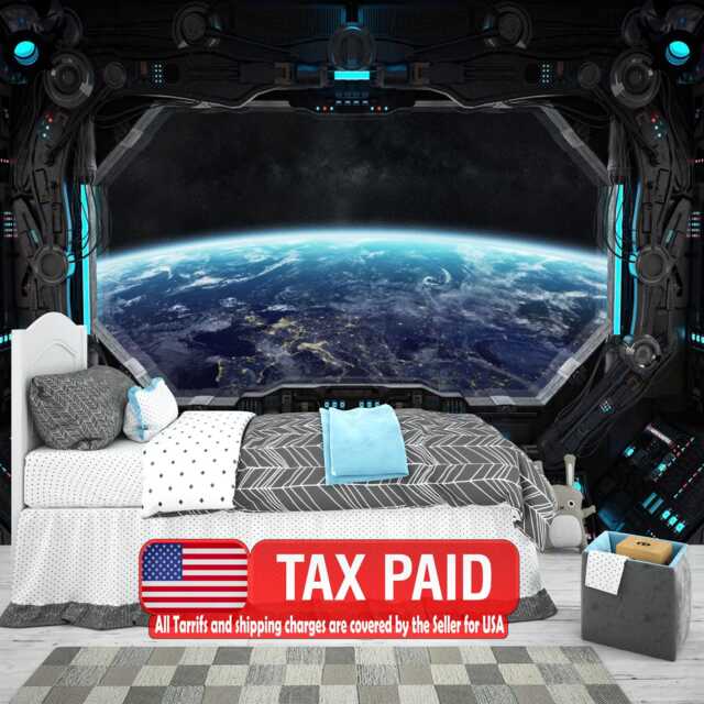 Spaceship Window Wall Mural, Stars Astronomy Kids Room Peel & Stick Wallpaper - image 1