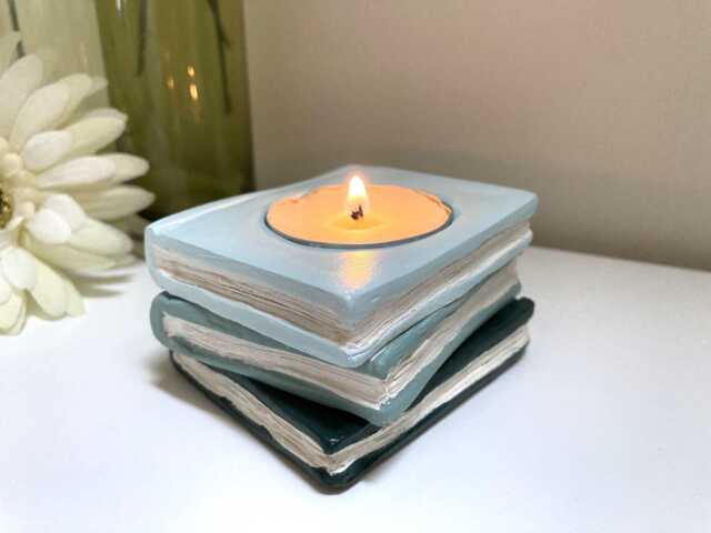 Handmade Candle Holder in The Style Of Stacked Books/Shades Green Gift For A Book Lover For Mum, Gran, Friend, Sister Etc - image 1