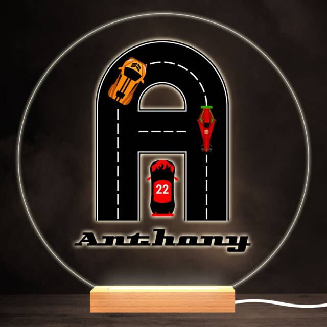 Road Racing Cars Letter A Colourful Round Personalised Gift Led Lamp Night Light - Bedroom - image 1